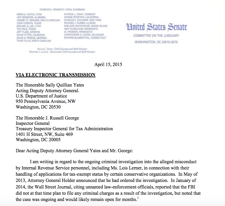 Letter of Senator Charles Grassley to Justice Department and the Treasury Inspector General for Tax Administration