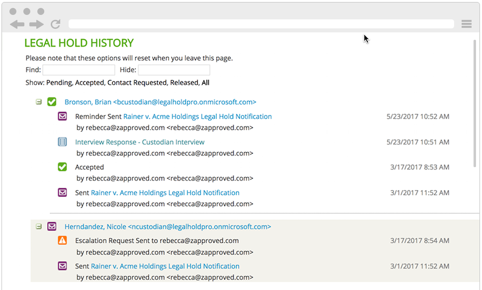 Zapproved Legal Hold Pro Audit Trail Legal Hold History Screenshot Legal Hold Pro